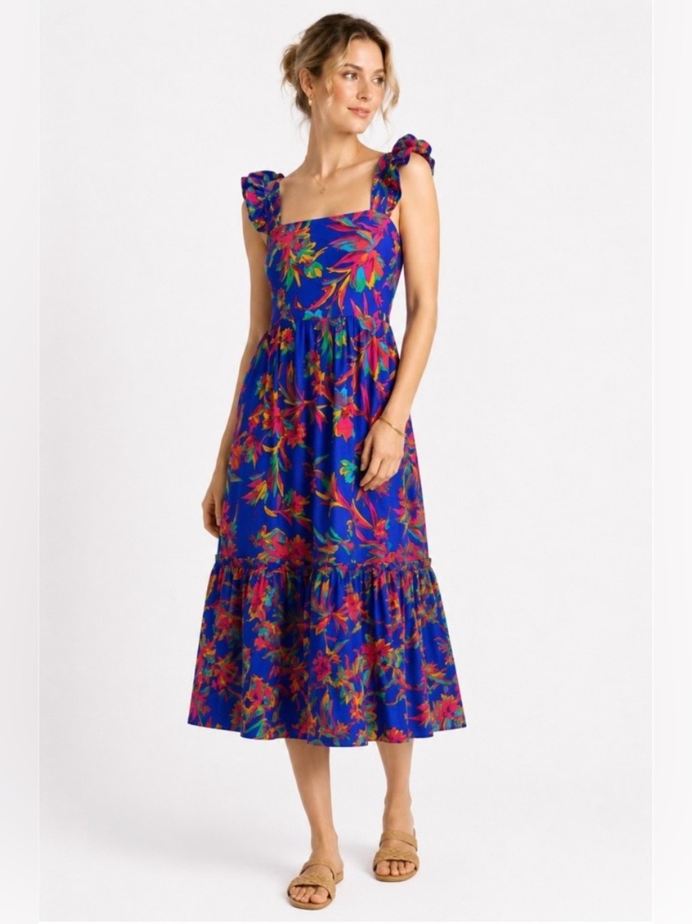 J. Crew Blue Floral Square-Neck Midi Dress with Ruffle Straps